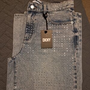 DKNY Women's Wide Leg Denim Jeans with Silver Accents